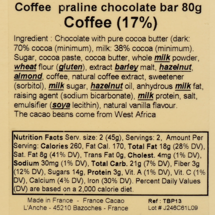 Comptoir du Cacao Praliné-filled 72% Dark Chocolate Bar Coffee (17%) 2.82oz / 80g