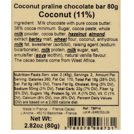 Comptoir du Cacao Praliné-filled White Chocolate Bar with 36% Cacao Coconut (11%) 2.82oz / 80g