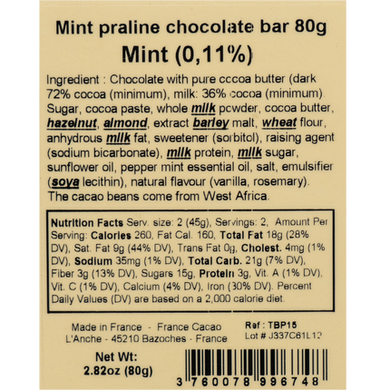 Comptoir du Cacao Praliné-filled 72% Dark Chocolate Mint Bar (0.1%) 2.82oz / 80g