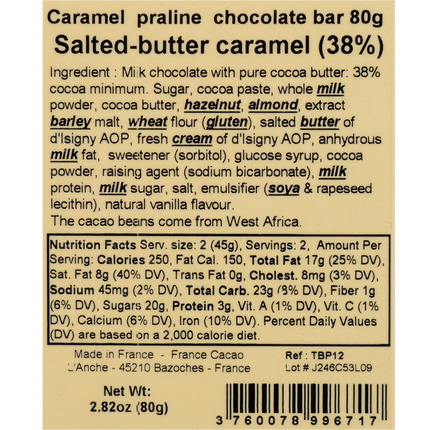 Comptoir du Cacao Praliné-filled Milk Chocolate Bar Salted Butter Caramel (36%) 2.82oz / 80g