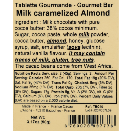 Comptoir du Cacao Milk Chocolate Bar with Caramelized Almonds 3.17oz / 90g