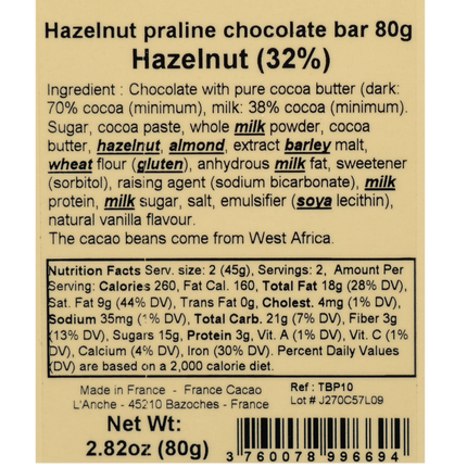 Comptoir du Cacao Praliné-filled 72% Dark Chocolate Bar Hazelnut (32%) 2.82oz / 80g