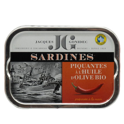 Jacques Gonidec Sardines in Organic Extra Virgin Olive Oil with Organic Hot Pepper 4.06oz / 115g