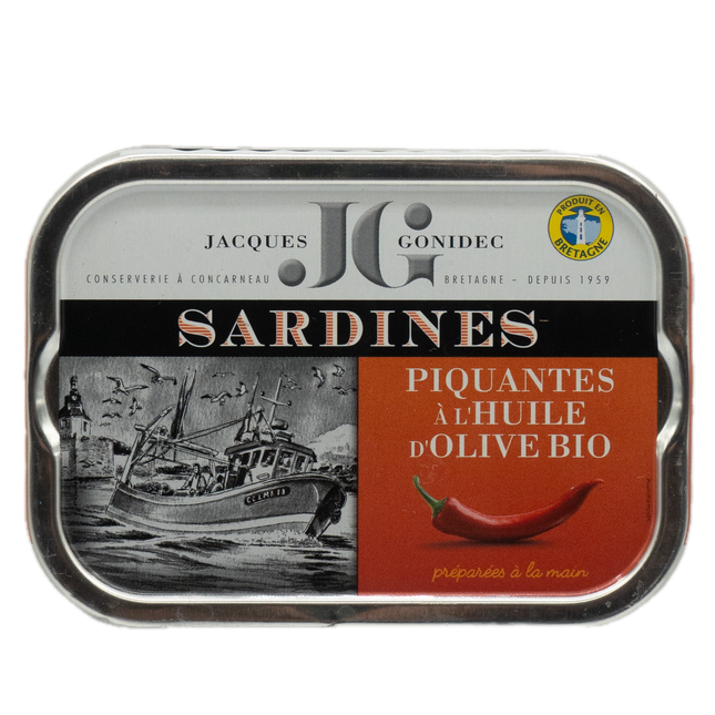 Jacques Gonidec Sardines in Organic Extra Virgin Olive Oil with Organic Hot Pepper 4.06oz / 115g
