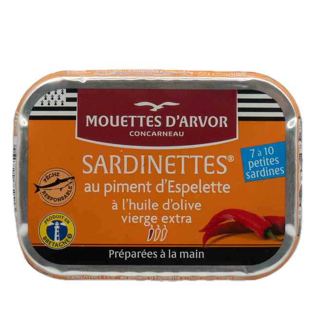 Mouettes d'Arvor Small Sardines in Extra Virgin Olive Oil with Espelette Pepper 3.53oz / 100g