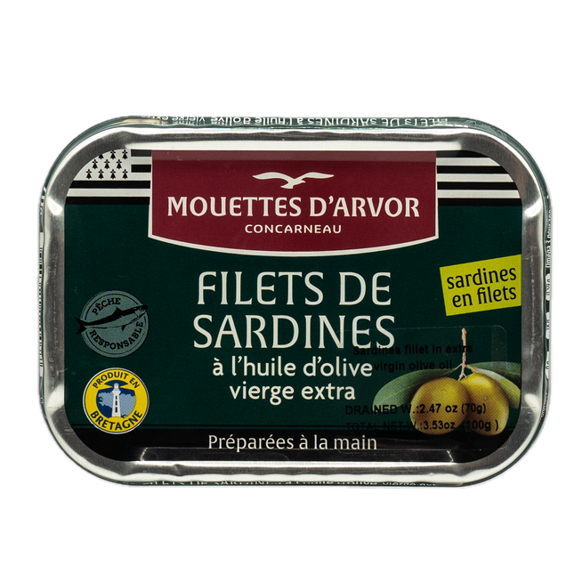 Mouettes d'Arvor Sardines Filets in Extra Virgin Olive Oil 3.53oz / 100g