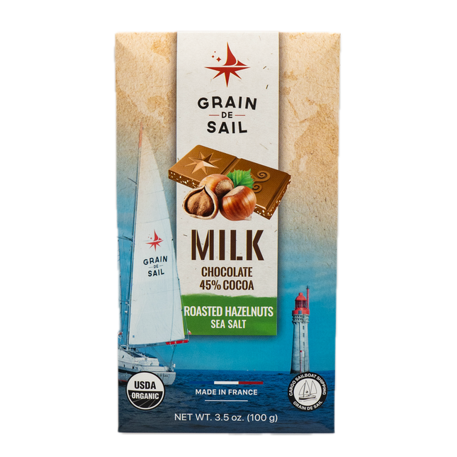 Grain de Sail Milk Organic Chocolate Bar 45% with Roasted Hazelnuts Sea Salt 3.5oz / 100g