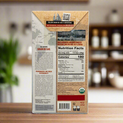 Grain de Sail Milk Organic Chocolate Bar 45% with Roasted Hazelnuts Sea Salt 3.5oz / 100g
