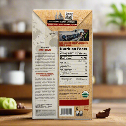 Grain de Sail Dark Organic Chocolate Bar 62% with Sesame 3.5oz / 100g
