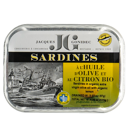 Jacques Gonidec Sardines in Organic Extra Virgin Olive Oil with Organic Lemon 4.06oz / 115g