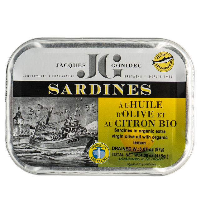 Jacques Gonidec Sardines in Organic Extra Virgin Olive Oil with Organic Lemon 4.06oz / 115g