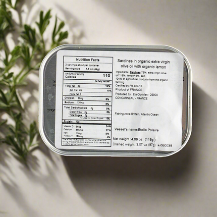 Jacques Gonidec Sardines in Organic Extra Virgin Olive Oil with Organic Lemon 4.06oz / 115g