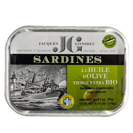Jacques Gonidec Sardines in Organic Extra Virgin Olive Oil 4.1oz / 115g
