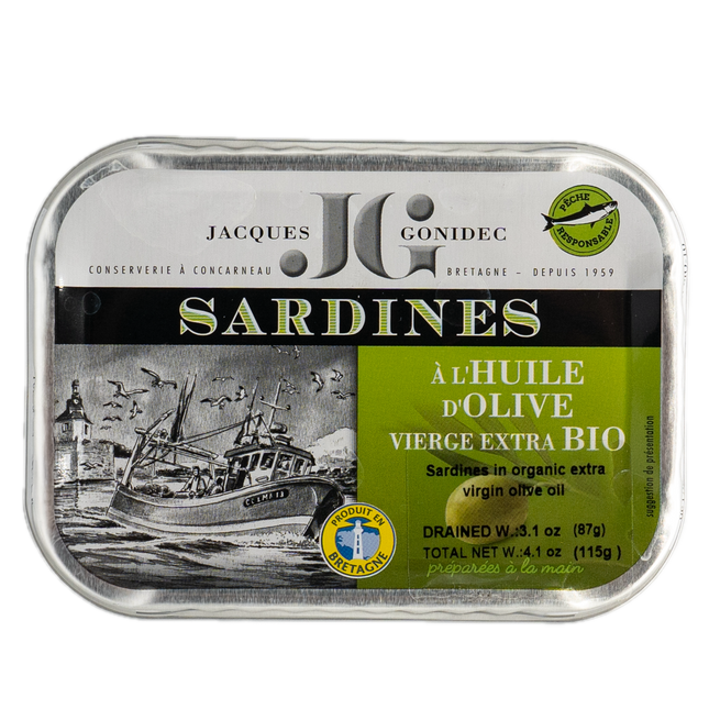 Jacques Gonidec Sardines in Organic Extra Virgin Olive Oil 4.1oz / 115g