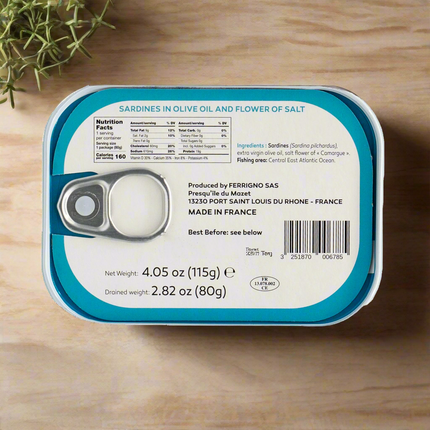 Ferrigno Sardines in Olive Oil and Flower of Salt (Fleur De Sel) 4.05oz / 115g