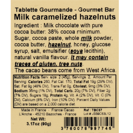 Comptoir du Cacao Milk Chocolate Bar with Caramelized Hazelnuts 3.17oz / 90g