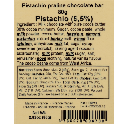 Comptoir du Cacao Praliné-filled 36% Milk Chocolate Pistachio Bar (5.5%) 2.82oz / 80g