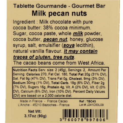 Comptoir du Cacao Milk Chocolate Bar with Caramelized Pecans 3.17oz / 90g